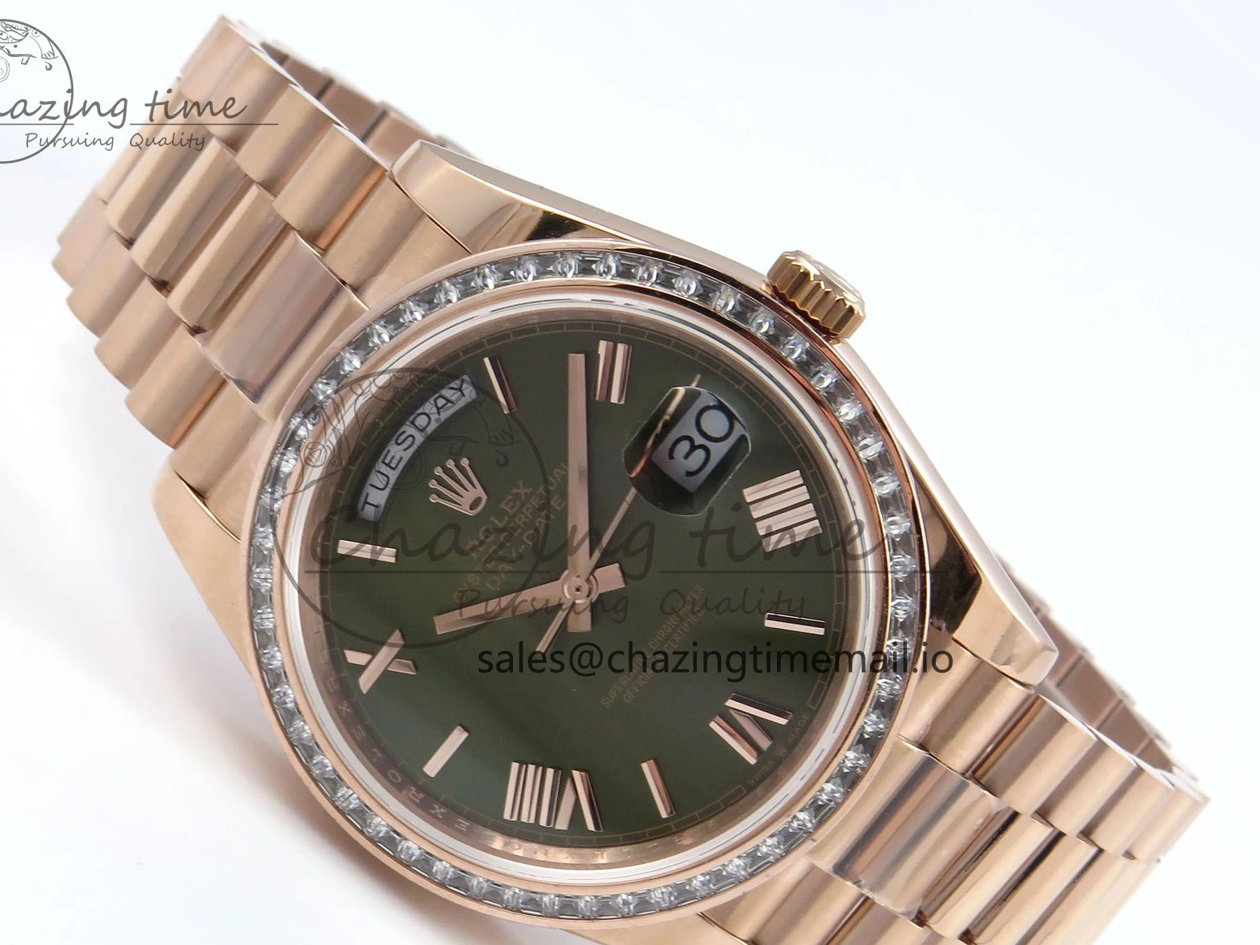 MiroTime 0310 Trendsetting DayDate 40 RG QF 1:1 Best Edition Green Roman Dial Diamonds Bezel on President Bracelet A2836 V5 (Gain Weight) 468